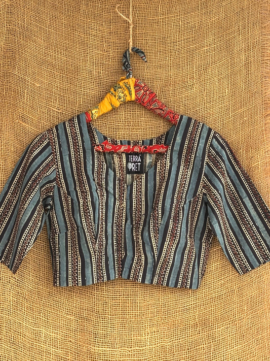Deep blue stripes ajrakh blouse