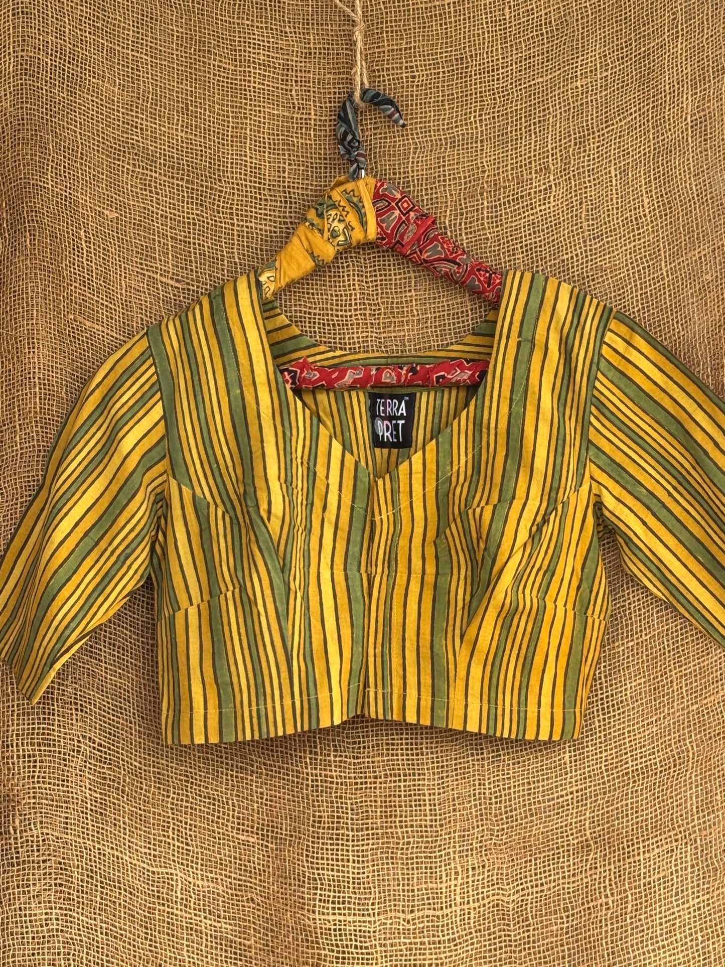 Yellow & green stripes ajrakh blouse