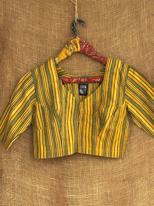 Yellow & green stripes ajrakh blouse