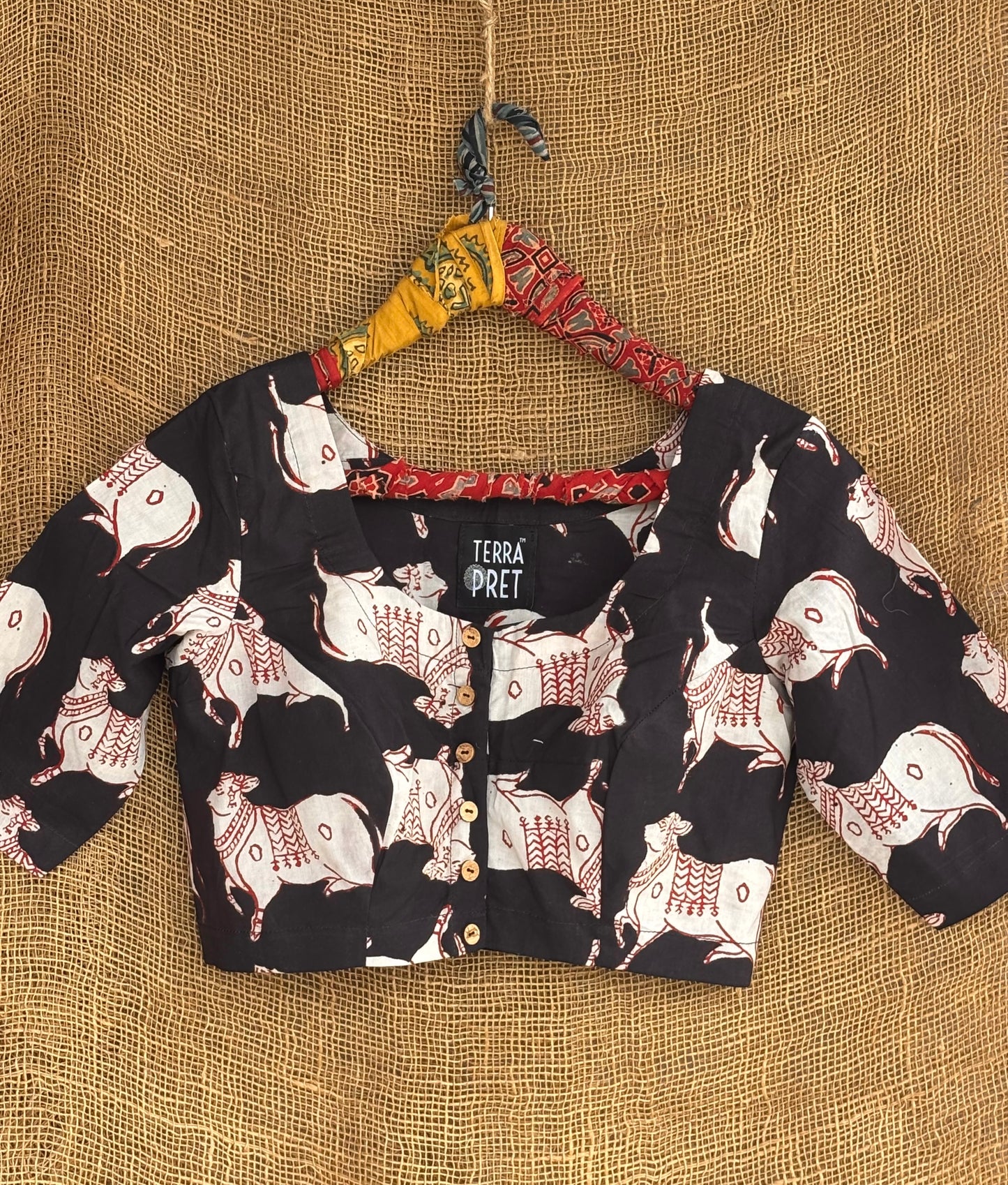 Pichwai print black blouse
