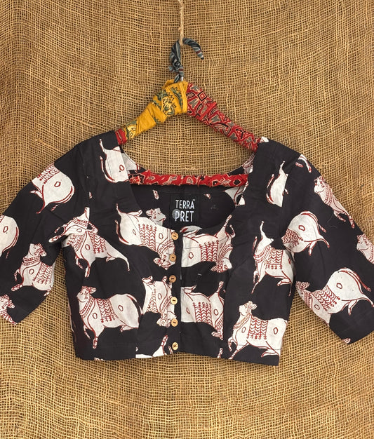 Pichwai print black blouse