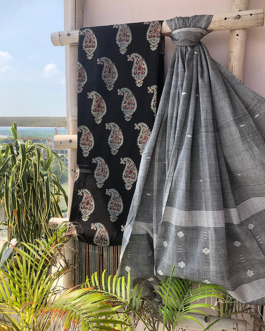 Ajrakh Kurta Set with Grey Jamdani Dupatta