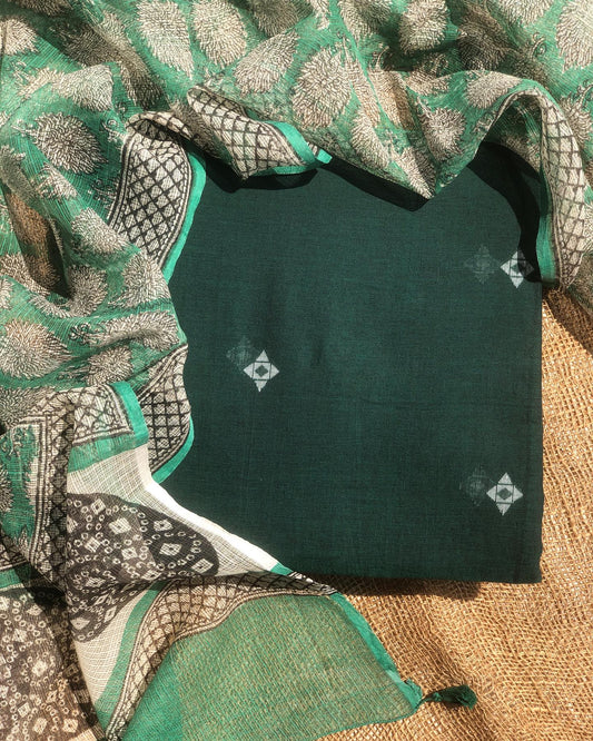 Deep Green Jamdani Cotton Kurta with Handblock-Printed Kota Dupatta