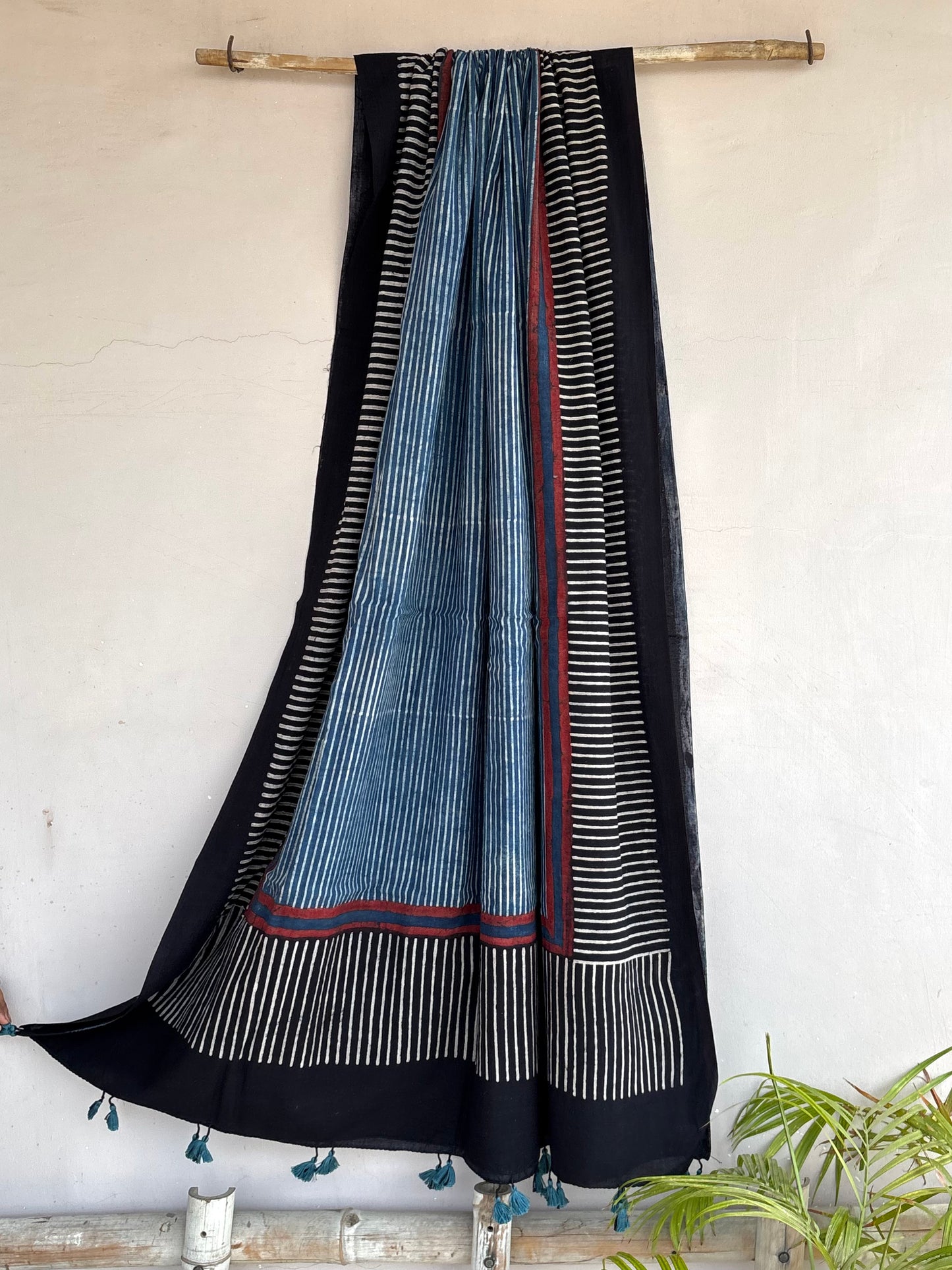 Black and indigo Striped Cotton Dupatta with Tassels