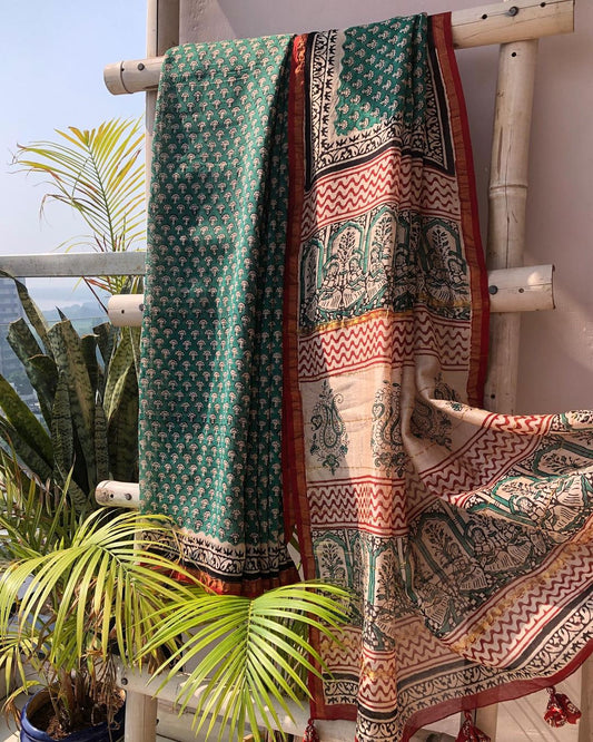 Emerald Green Block Print Chanderi Silk Saree