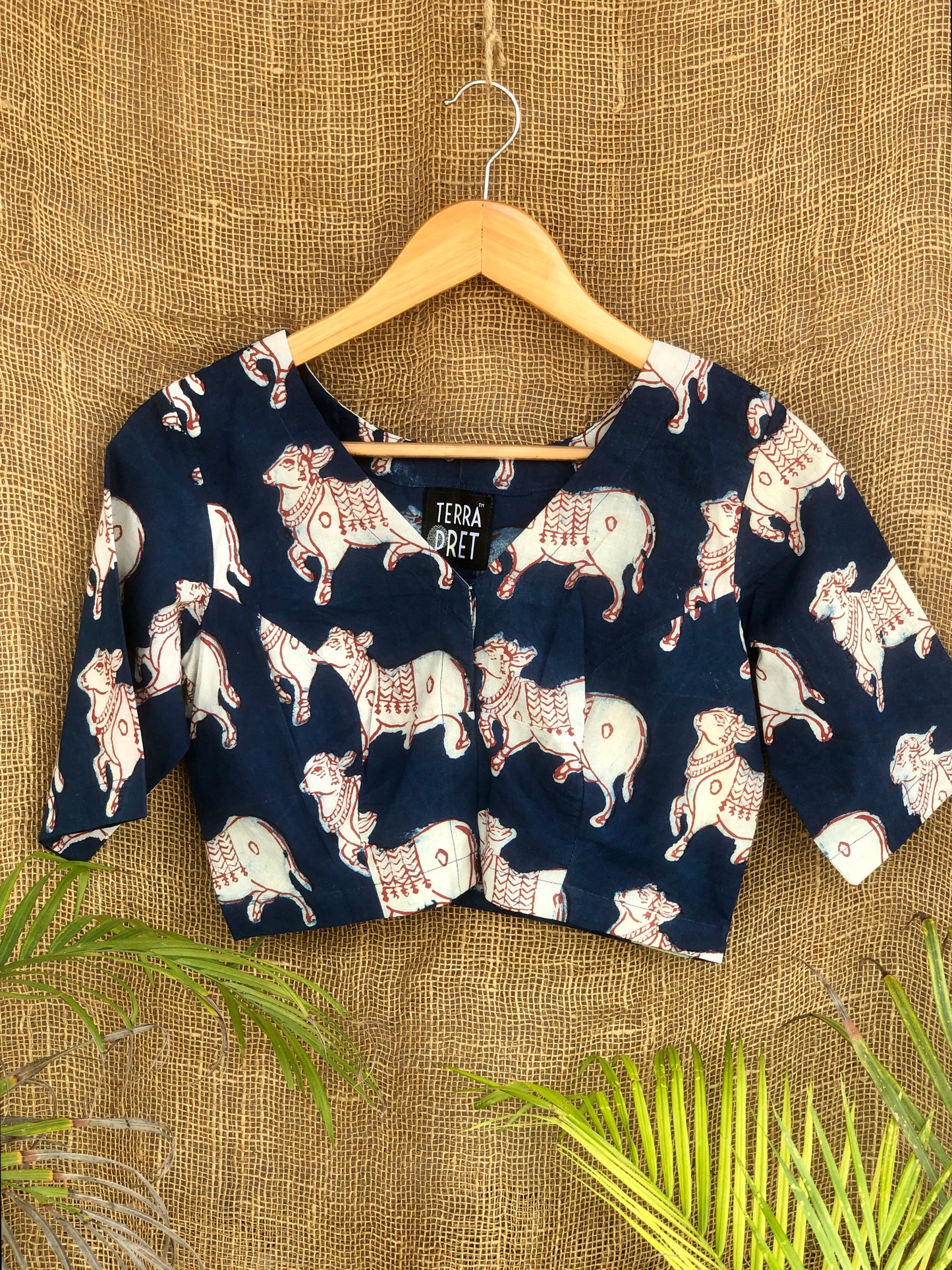 Handcrafted Indigo Kalamkari Blouse with Cow Print