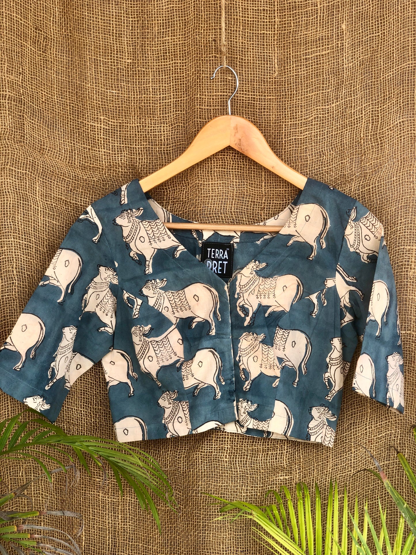 Handcrafted Indigo Kalamkari Blouse with Bull Motif