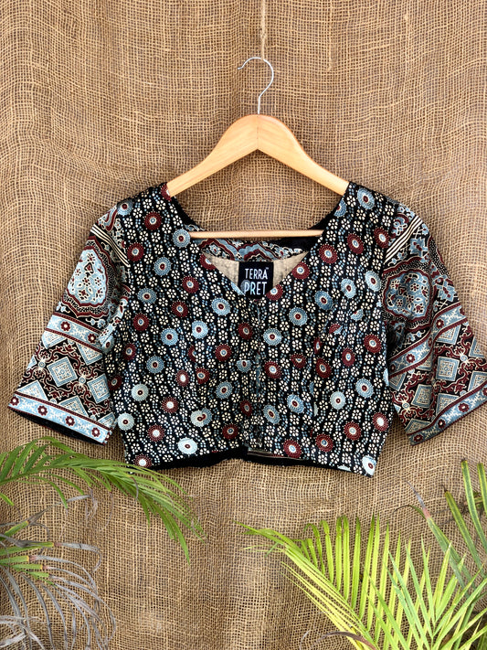 Black Floral Ajrakh Print Blouse