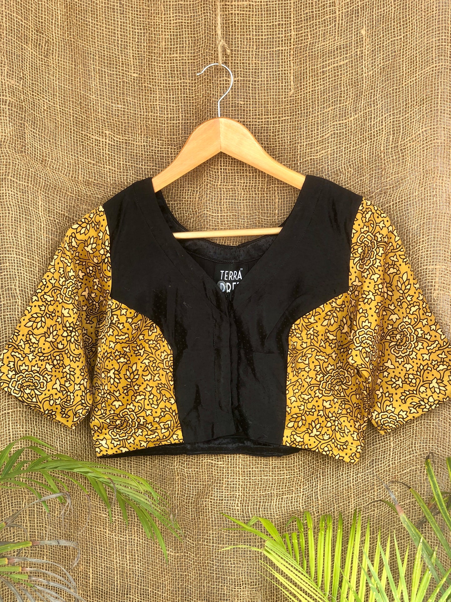 Mustard Floral Handblock Printed Blouse with Black Panel