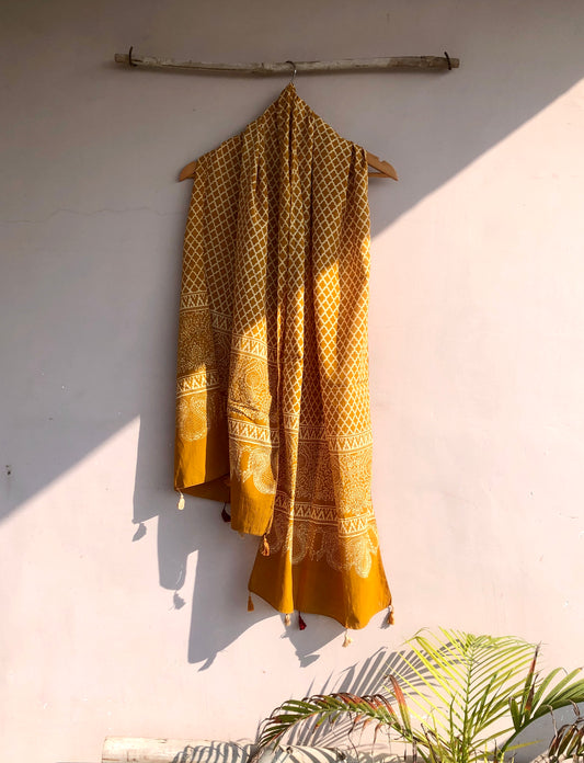 Mustard Block-Printed Cotton Stole