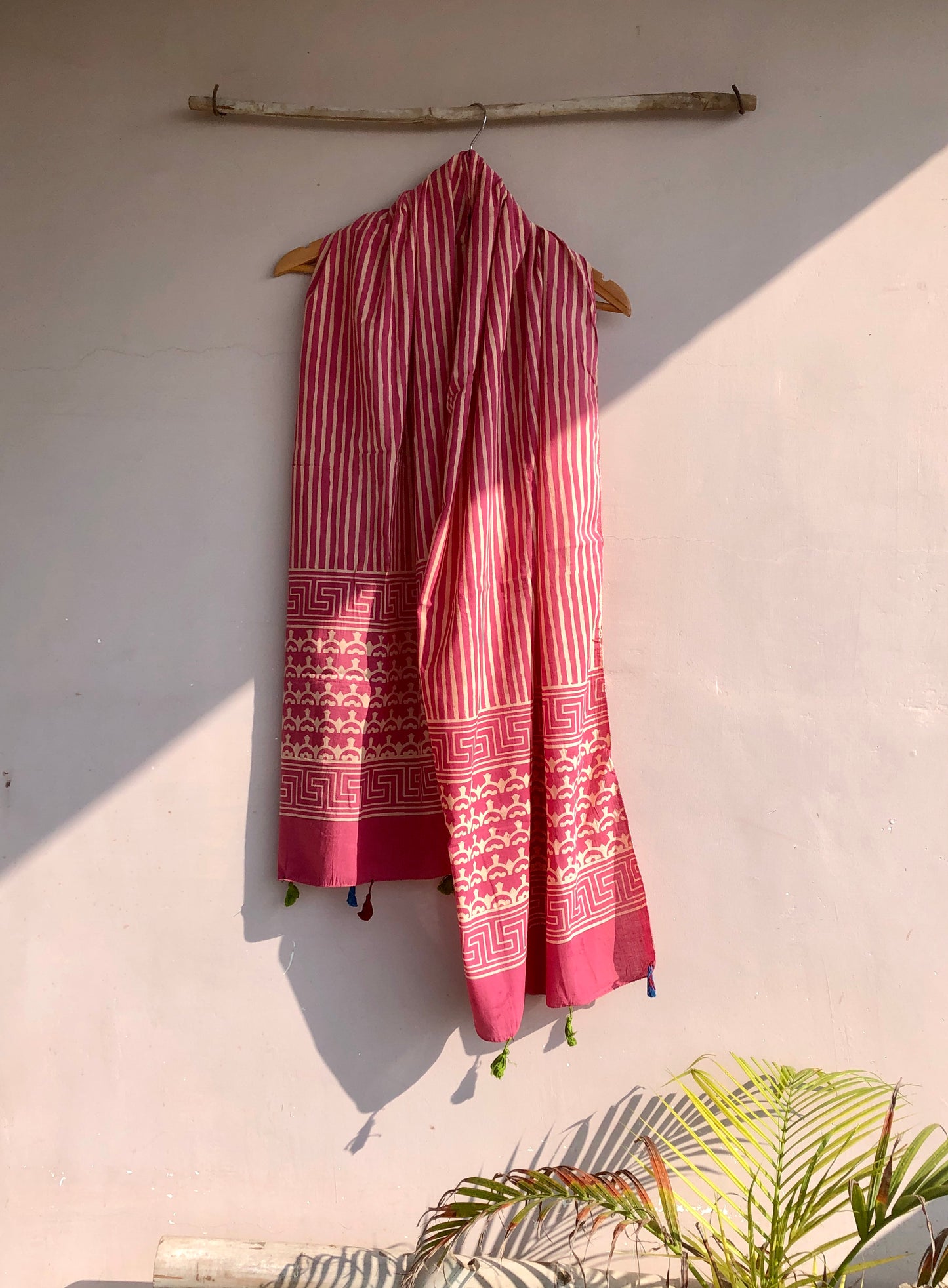 Soft Pink Striped Block Printed Stole