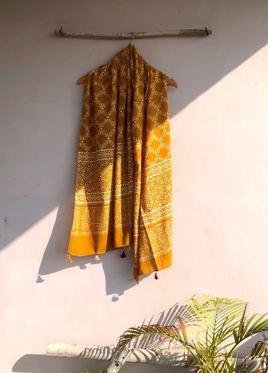 Mustard Block-Printed Cotton Stole