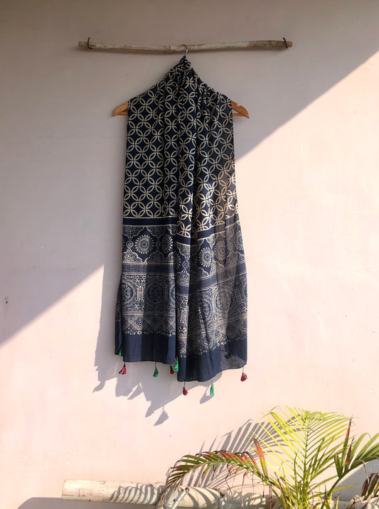 Navy Blue Block Printed Stole