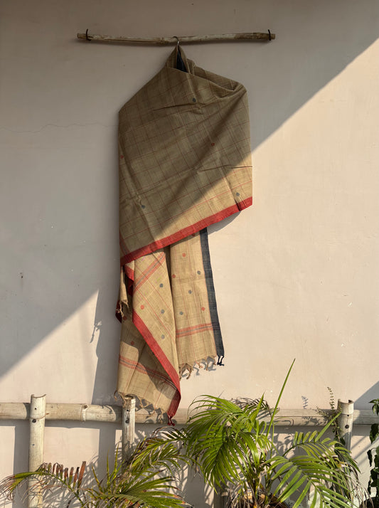 Mud Brown Checkered Ponduru Khadi Jamdani Dupatta