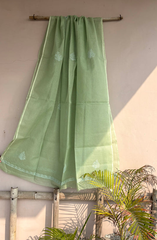 Handcrafted Pastel Green Kota Doriya Dupatta with Embroidered Motifs