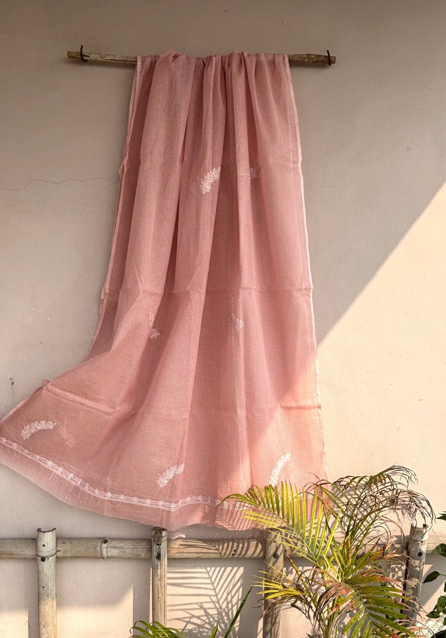 Handcrafted Rose Pink Kota Doriya Dupatta with Embroidered Motifs