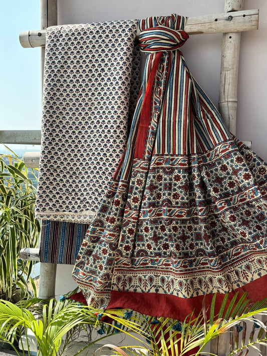 Ajrakh Print Ivory Kurta Set with Red and Blue Motifs