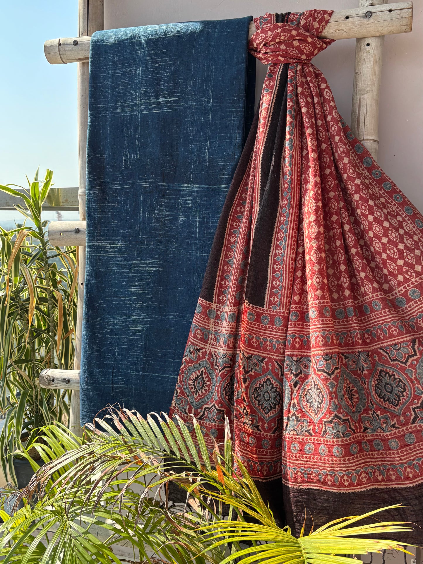 Brush Print Indigo Set with Brick Red Dupatta