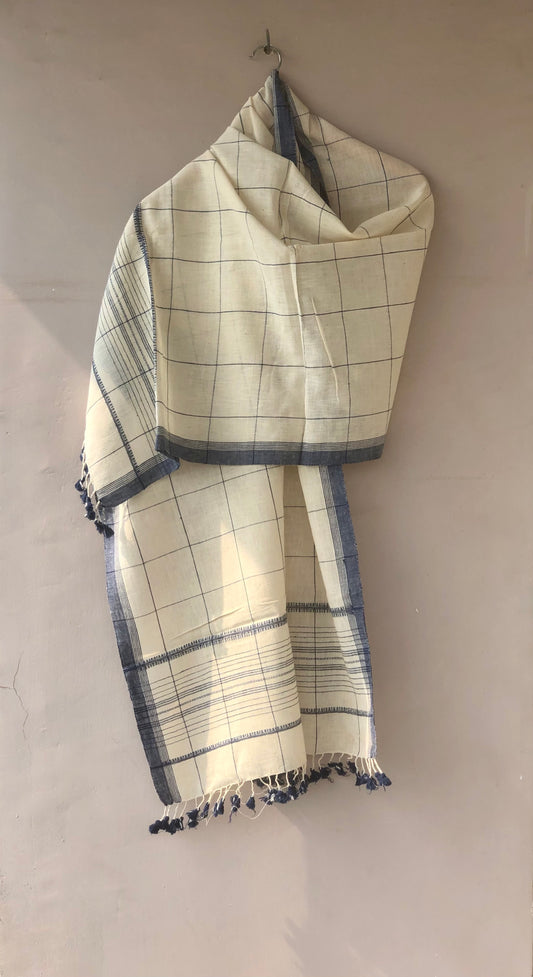 Handwoven Cotton Checkered Stole with Blue Tassels