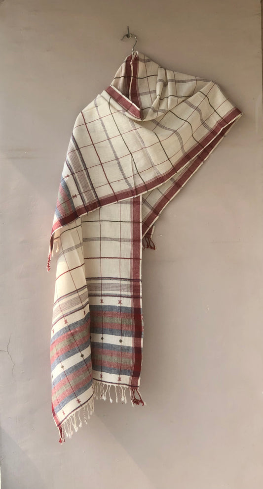 Handwoven Cotton Stole with Maroon and Multicolor Checkered Pattern