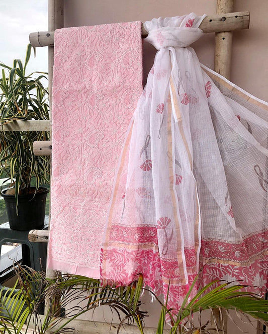 Handcrafted Pink Chikankari Kurta Set with Kota Dupatta