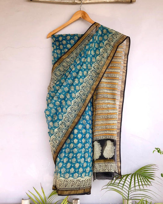 Turquoise Geometric Block Print Kota Doriya Saree with Traditional Border