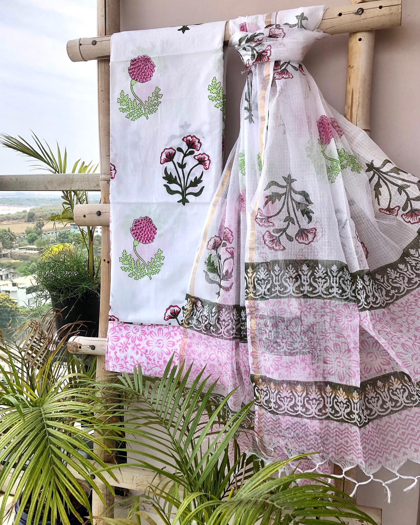 White Floral Kota Dupatta Set