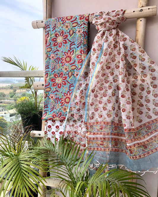 Blue Floral Kota Duppata Set