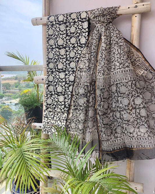 Black & White Botanical Kota Dupatta Set