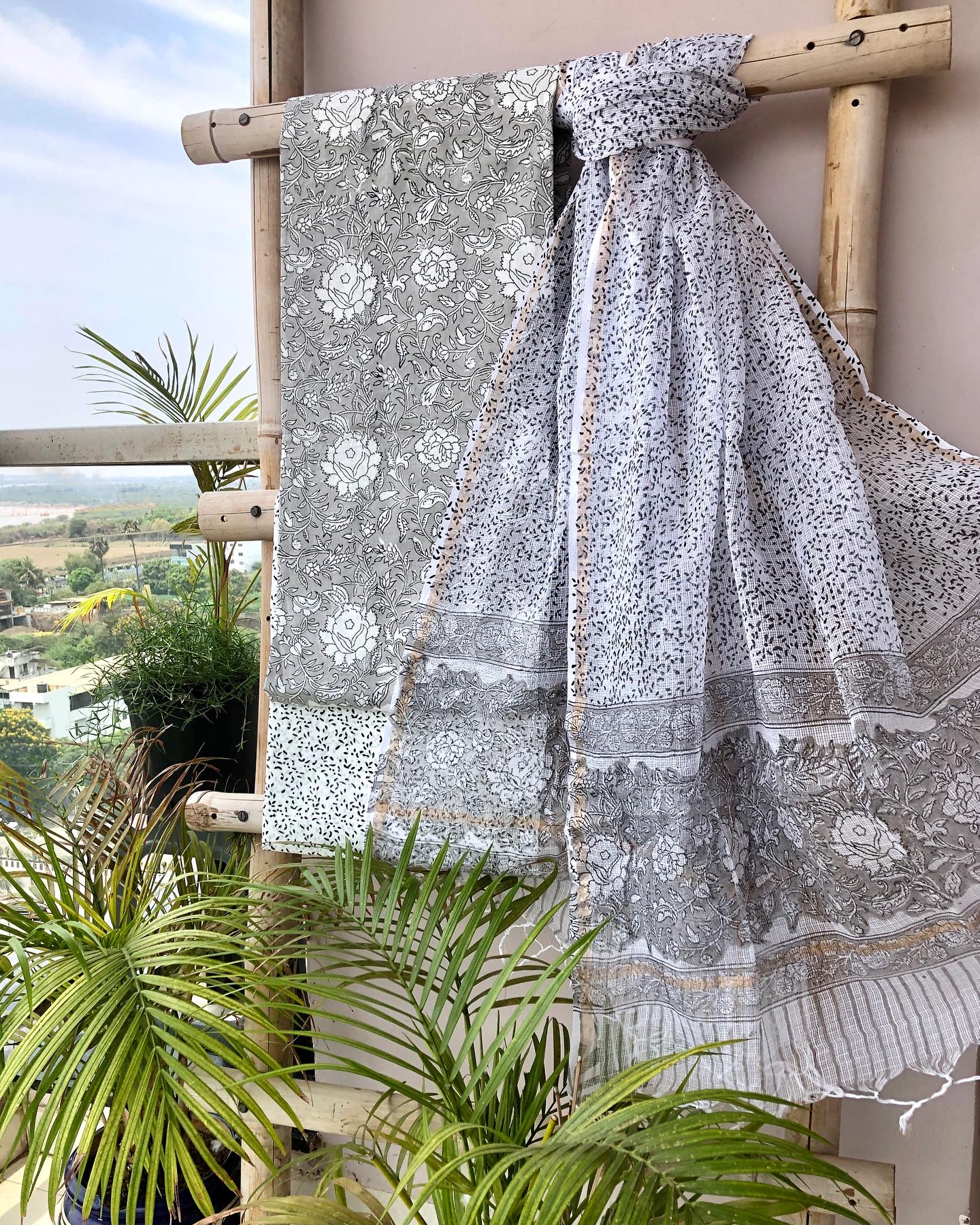 Grey Floral Kota Dupatta Set